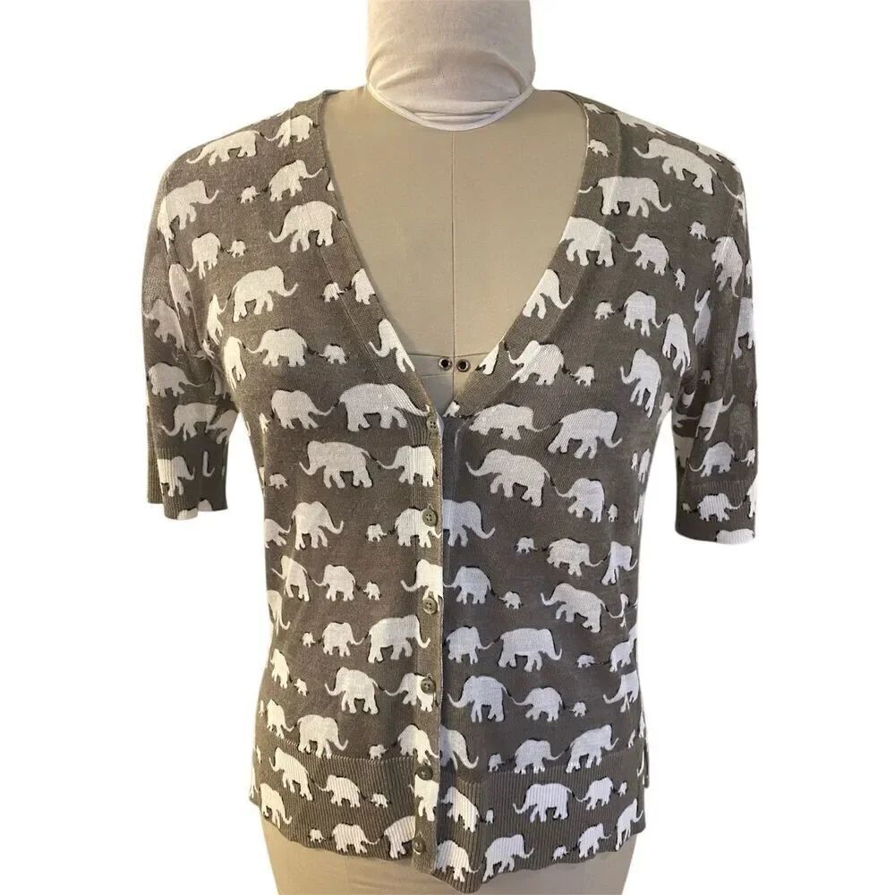LOFT Elephant Print Short Sleeve Cardigan V-Neck Button Front Sz. S